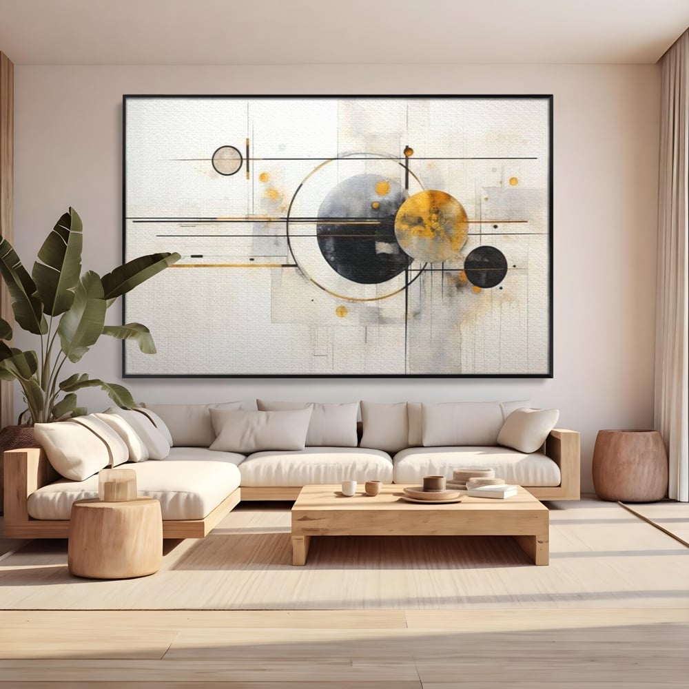 Tablou canvas cu pictura abstracta cu forme geometrice, in rama de aluminiu negru, pe perete intr-un living